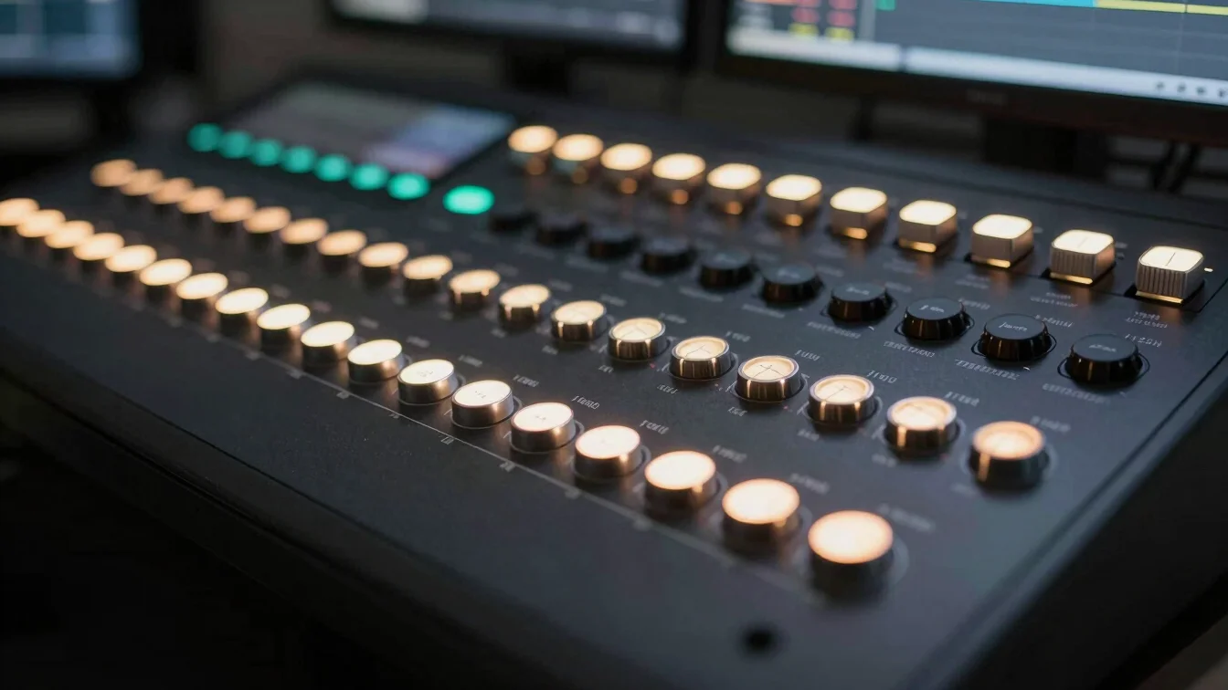 Close-up of a professional color grading control surface with illuminated parameter wheels.
