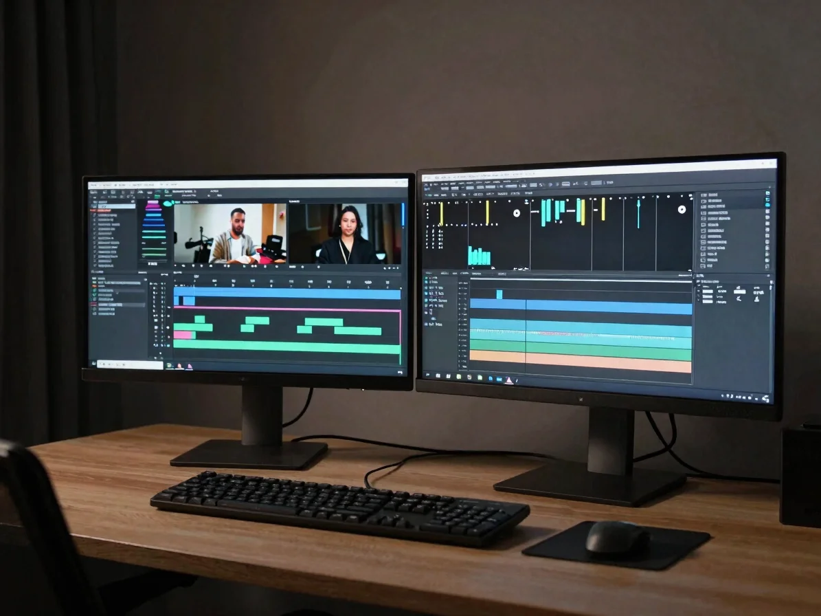 Dual-monitor editing workstation displaying a detailed long-form