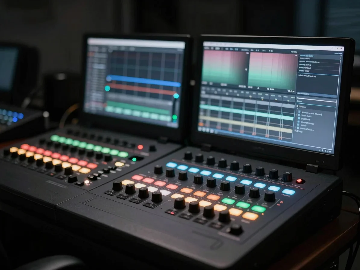 Close-up of color grading control surfaces and scopes in a dim st