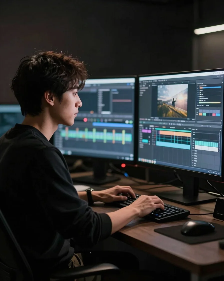 Cinematic side-profile shot of a focused editor working in a dimmed studio with soft monitor backlight reflecting on sla