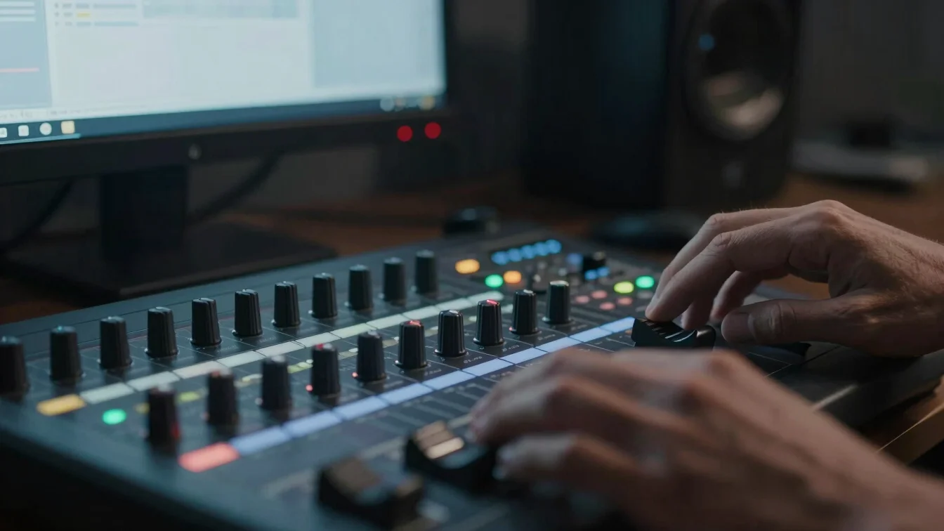 Macro detail shot of hands on editing controllers in a dark suite, monitor glow casting a soft blue light.