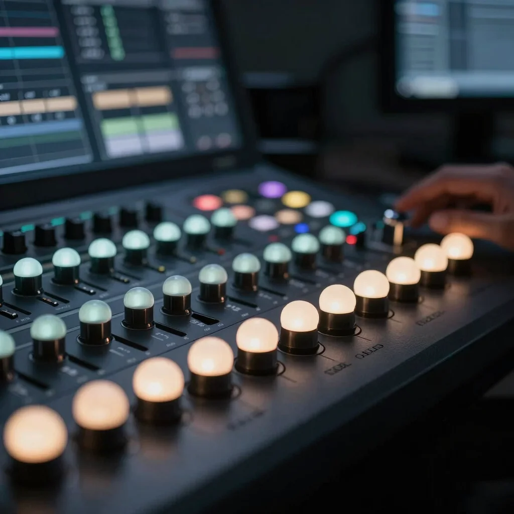 Close-up of a professional color grading control surface with ill