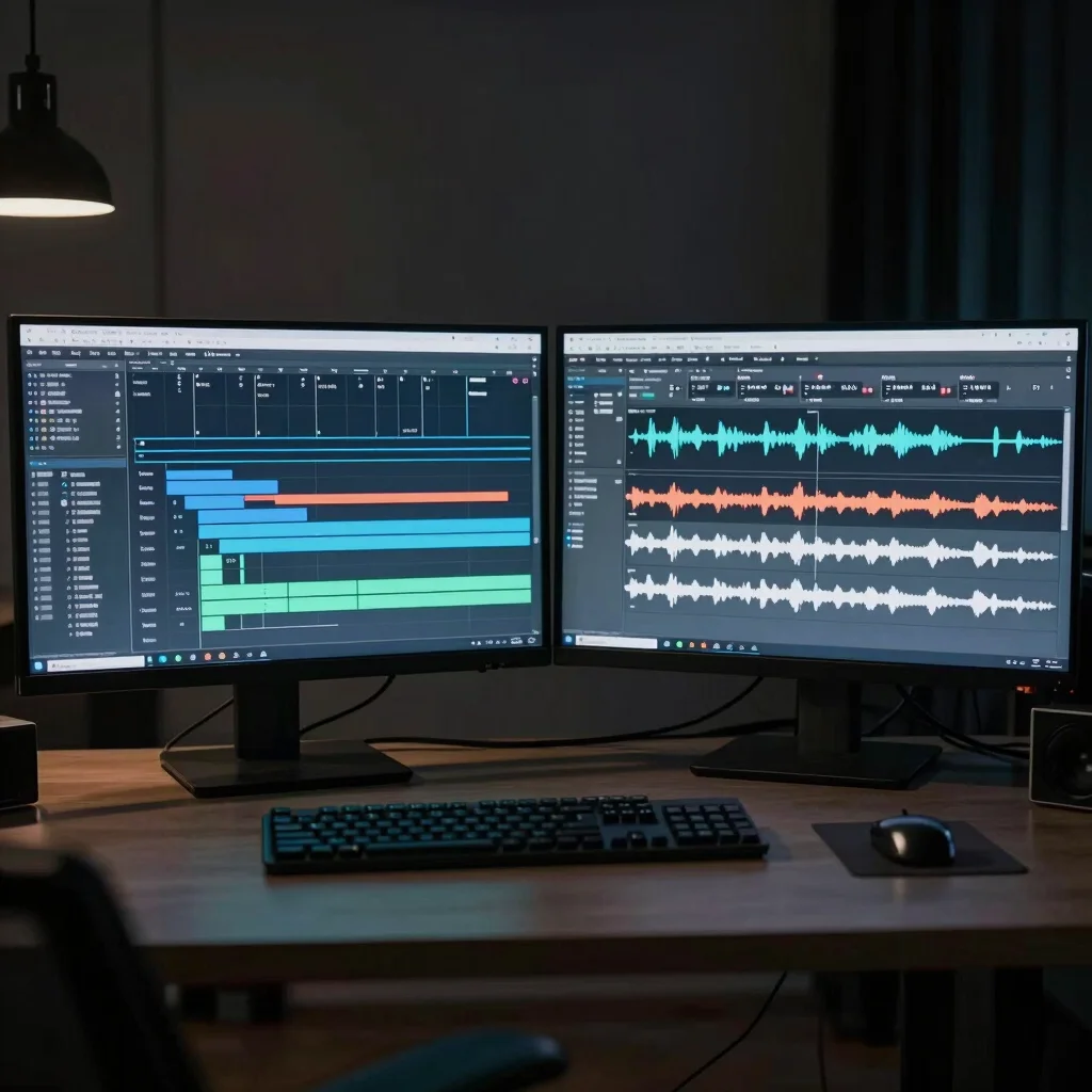 Dual-monitor editing workstation displaying a complex timeline wi